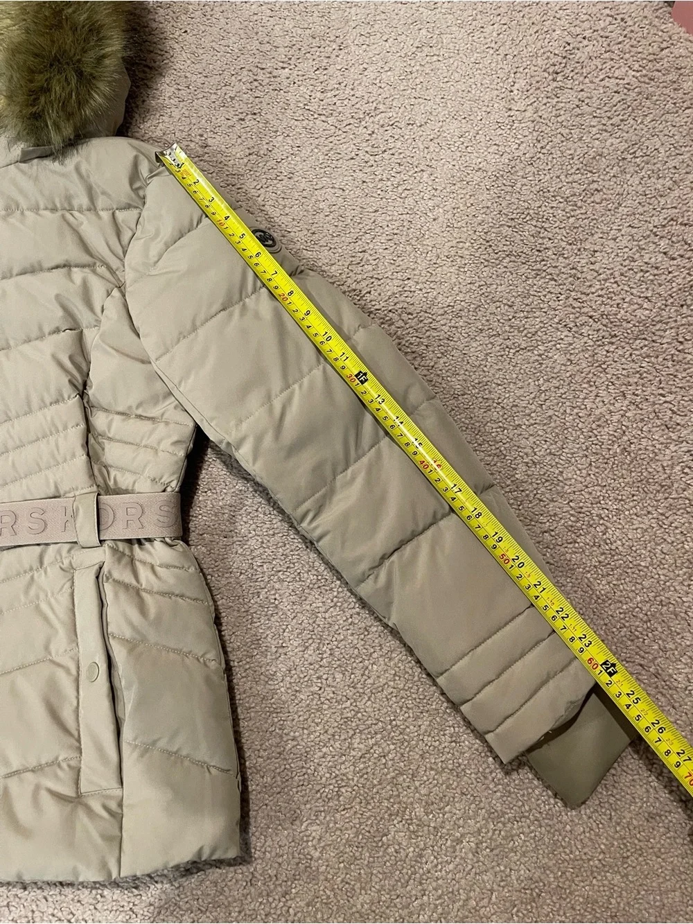 MICHAEL KORS Tan Faux Fur Trim Hood Puffer Jacket w/Belt